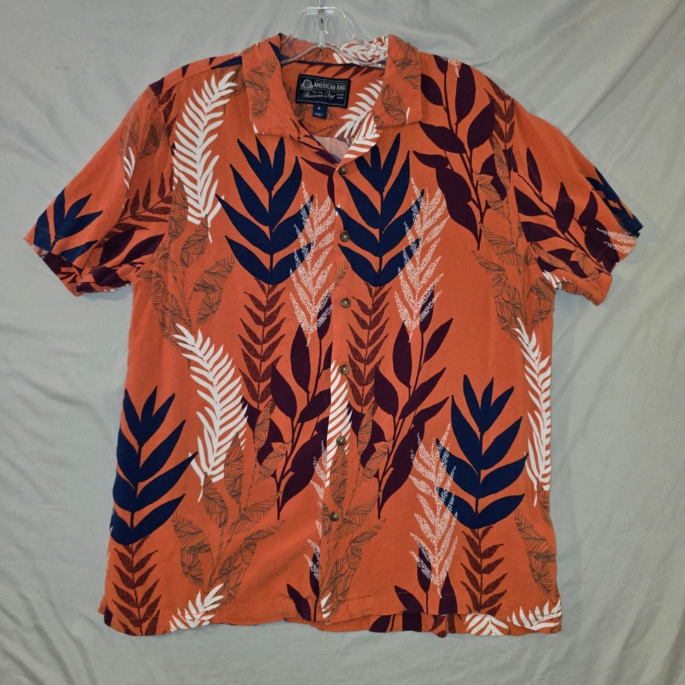 American Rag Button Up Shirt Medium Mens Orange Tropical Leaf Rayon Short Sleeve